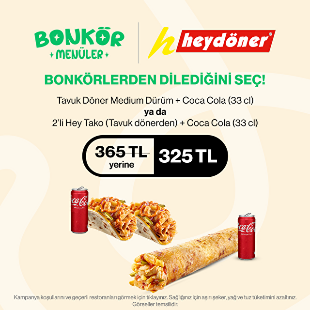Bonkör Menüler 365 TL yerine sepette 325 TL