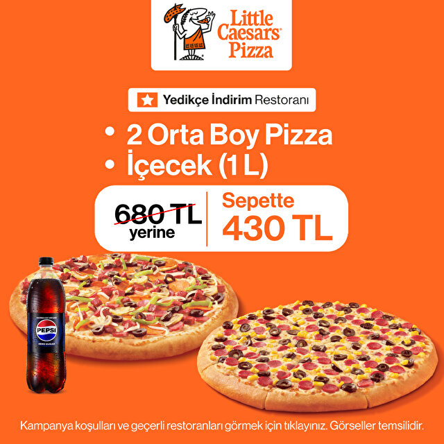 2 Orta Boy Pizza + İçecek (1 L) - Sepette 430 TL
