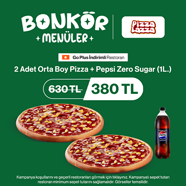 2 Orta Boy Pizza + 1L Pepsi Zero Sugar Sepette 380 TL