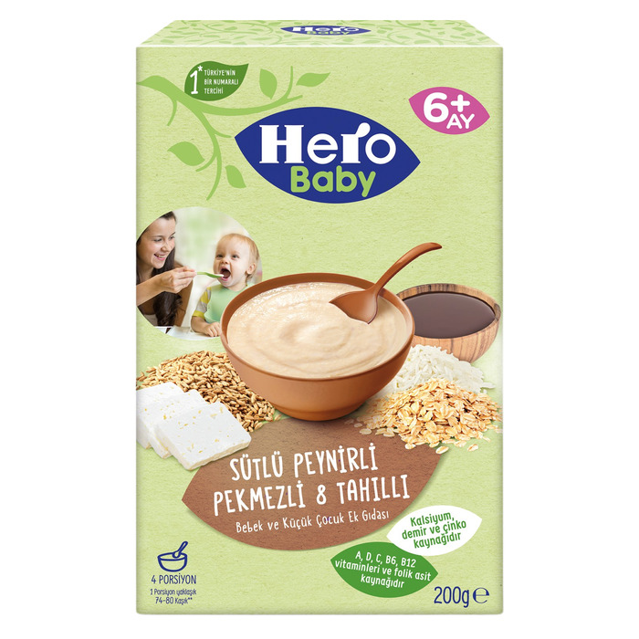 Hero Baby Sütlü 8 Tahıllı Peynirli Pekmezli Kaşık Maması 200 Gr